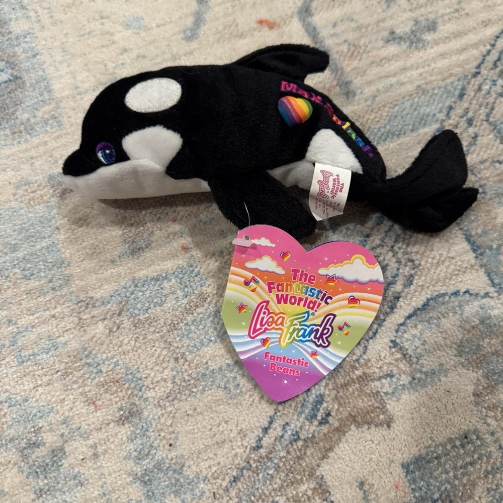 NEW VINTAGE 1998 LISA FRANK MAX SPLASH ORCA BEANIE STUFFED ANIMAL PLUSH TOY TAG
